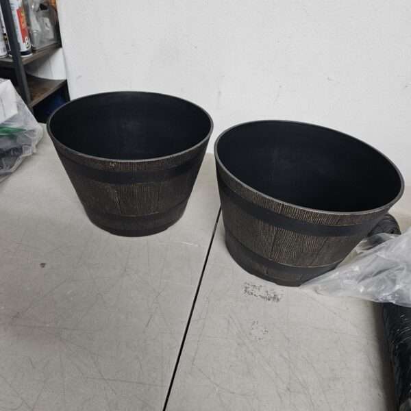 Whiskey Plastic Resin Flower Pot Barrel Planter, Walnut Brown, 12" (Pack of 2) | EZ Auction